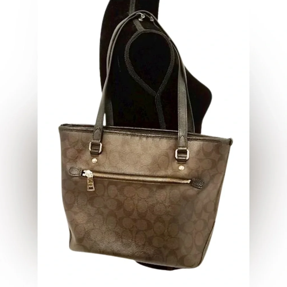 Coach Signature brown black Monogram Tote handbag shoulder bag Zip Top - Picture 2 of 7